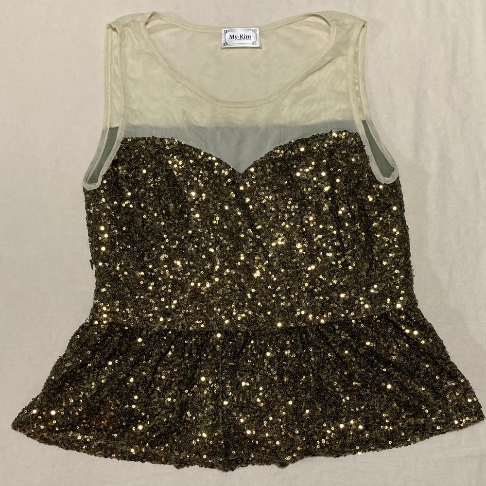 My-Kim Gold Sequin Sleeveless Top‎ with Peplum